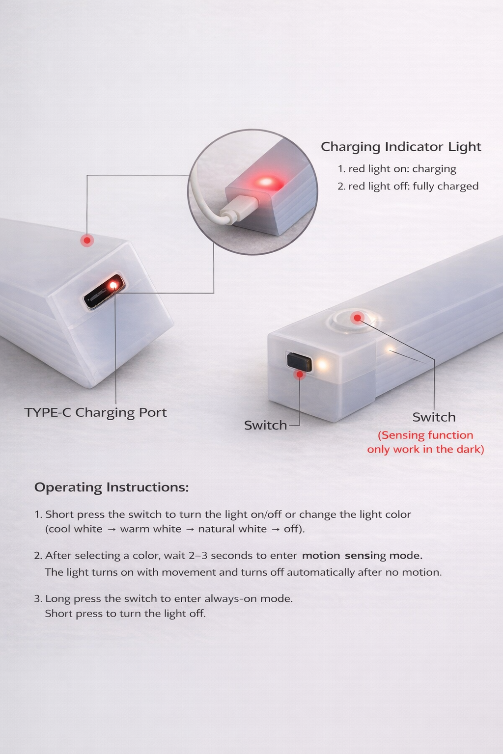 Motion Sensor LED Bar Light - 3 Colors in 1 Lamp